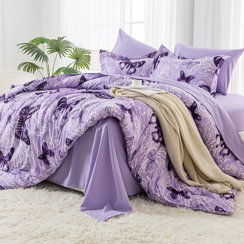ARTALL Bed in A Bag Twin Size 5 Pieces, Purple Paisley Butterfly Bedding Comforter Set All Season Bed Set with 1 Comforter, 1 Pillow Sham, 1 Flat Sheet, 1 Fitted Sheet, 1 Pillowcase - Image 3